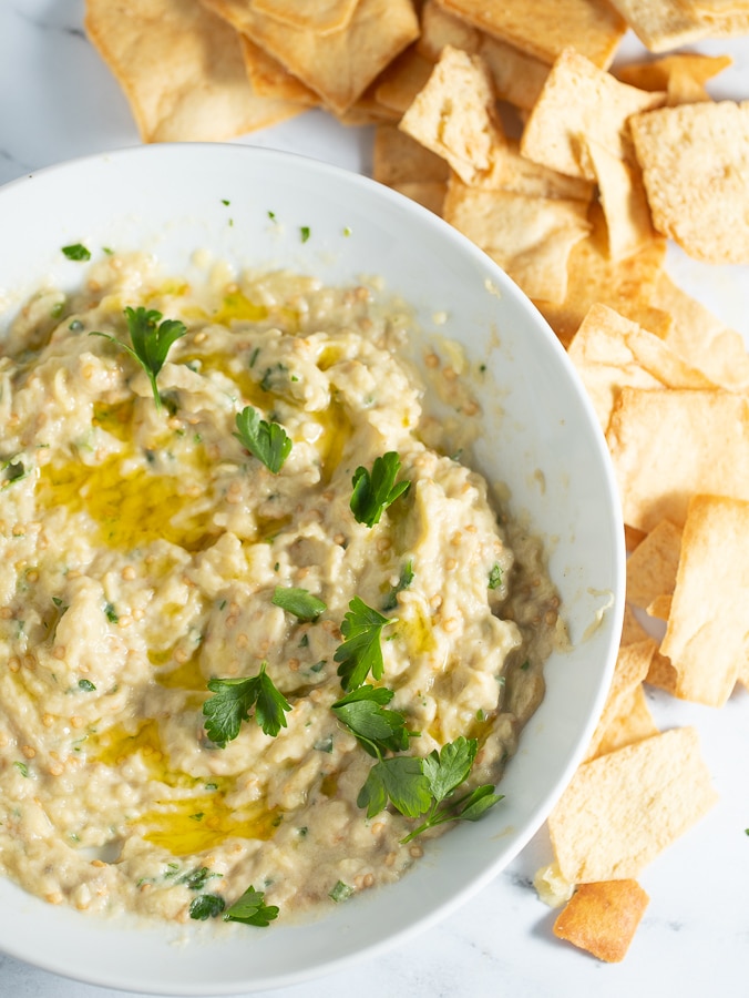 baba ghanoush served in a white bowl