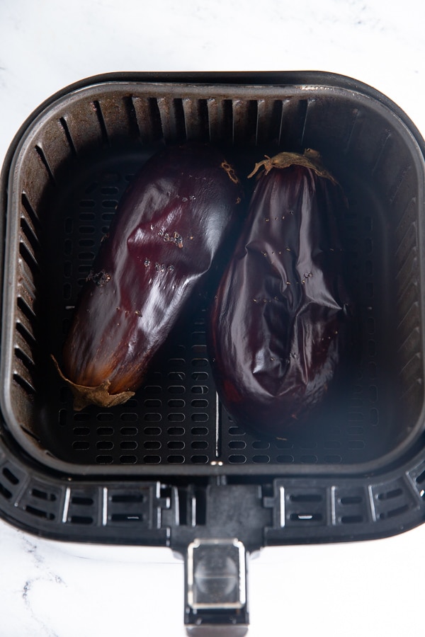 The roasted eggplant in the air fryer basket