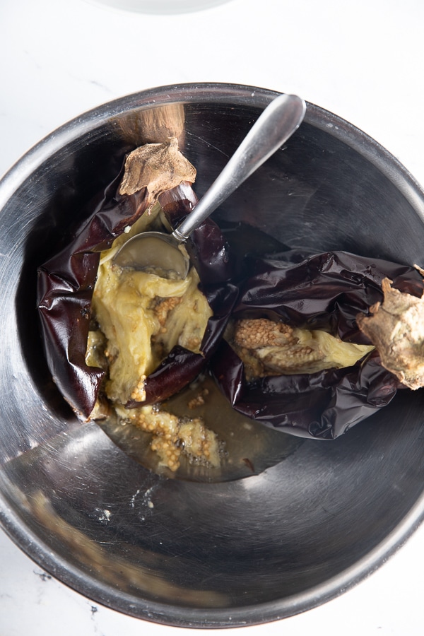 Removing the seeds from the eggplant