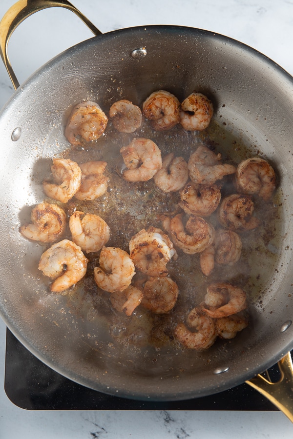 Shrimp cooking in a pan