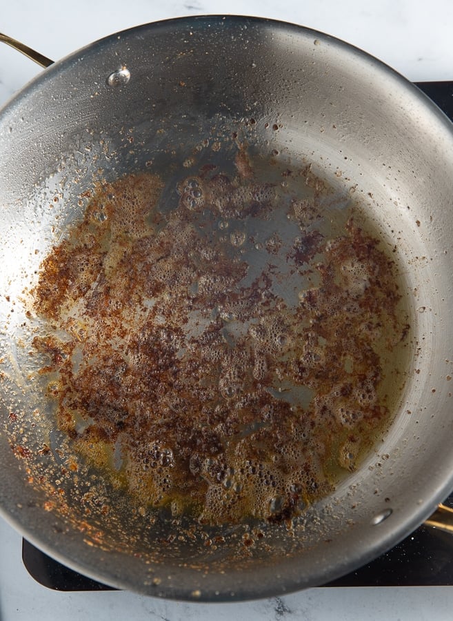 The pan after the shrimp have been removed