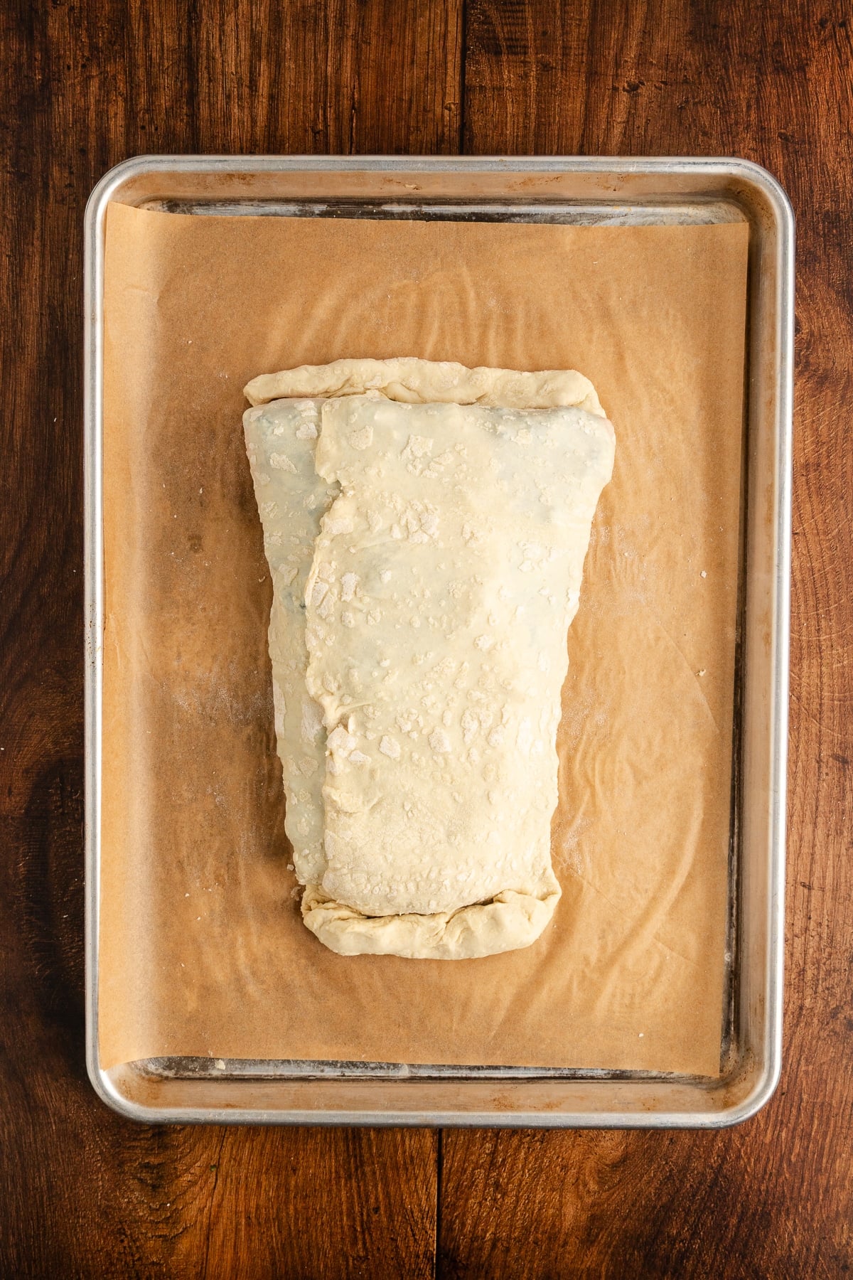 puff pastry on sheetpan ends tucked in