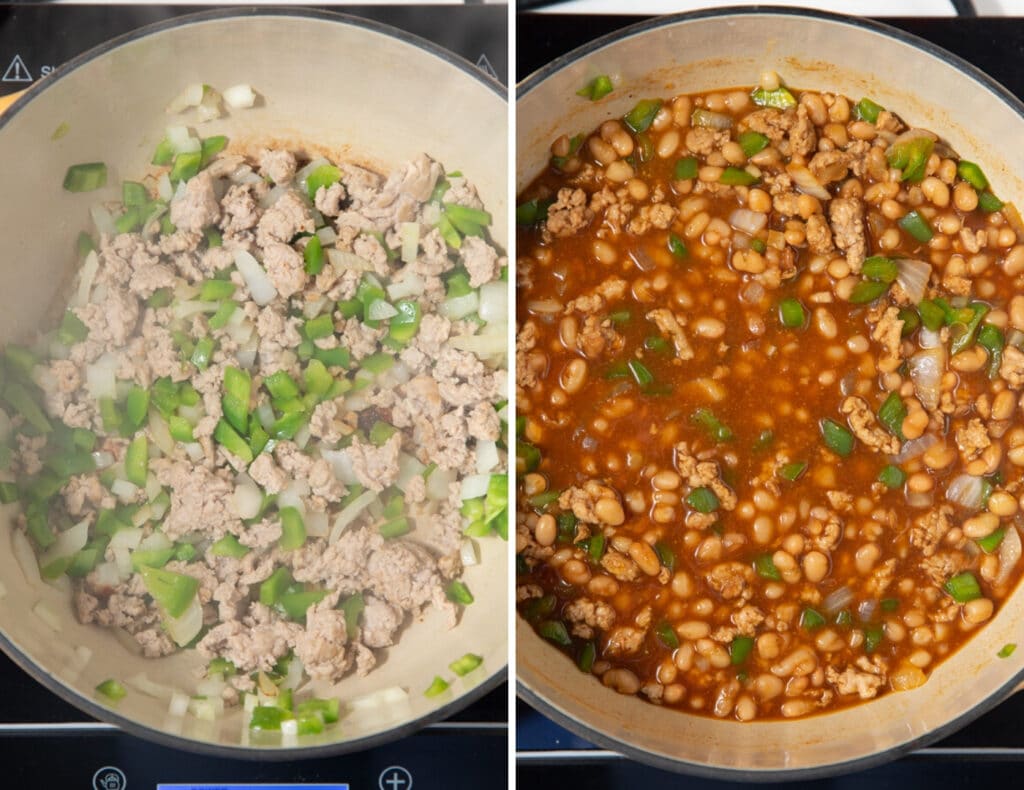 collage of meats and beans in cooking in dutch oven