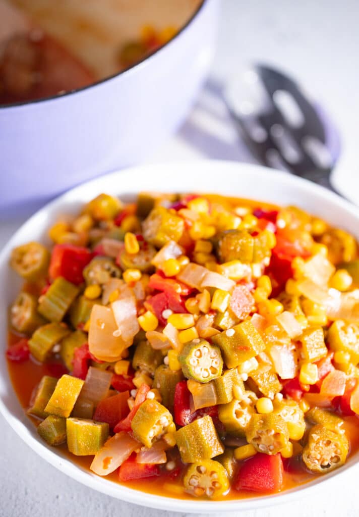 Okra and tomato stew served in a bowl