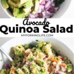 Pinterest graphic. Two pictures of quinoa salad with text