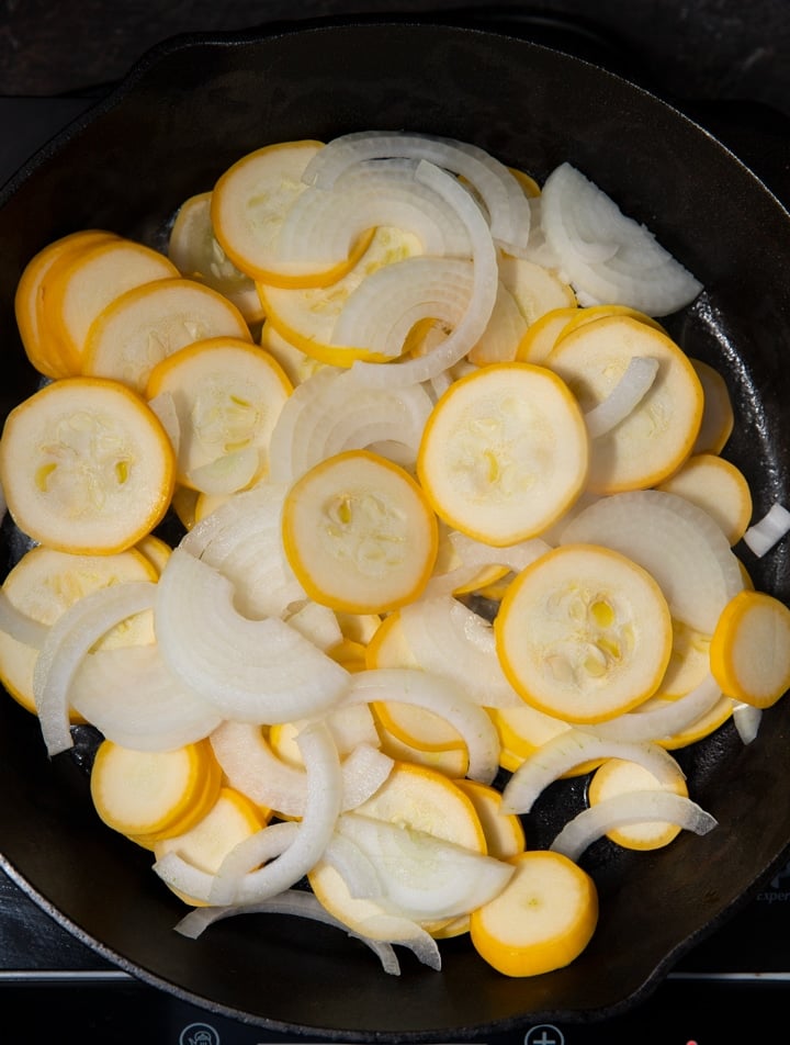 squash and onions in skillet