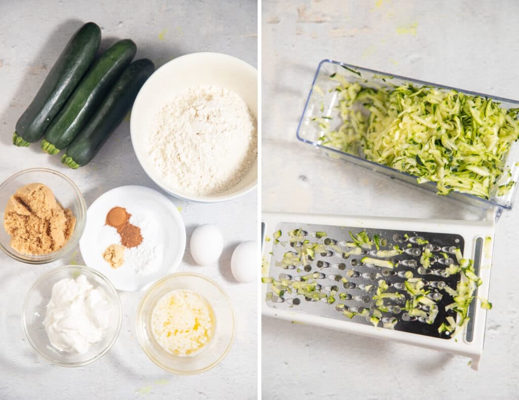 Ingredients for the recipe and grated zucchini