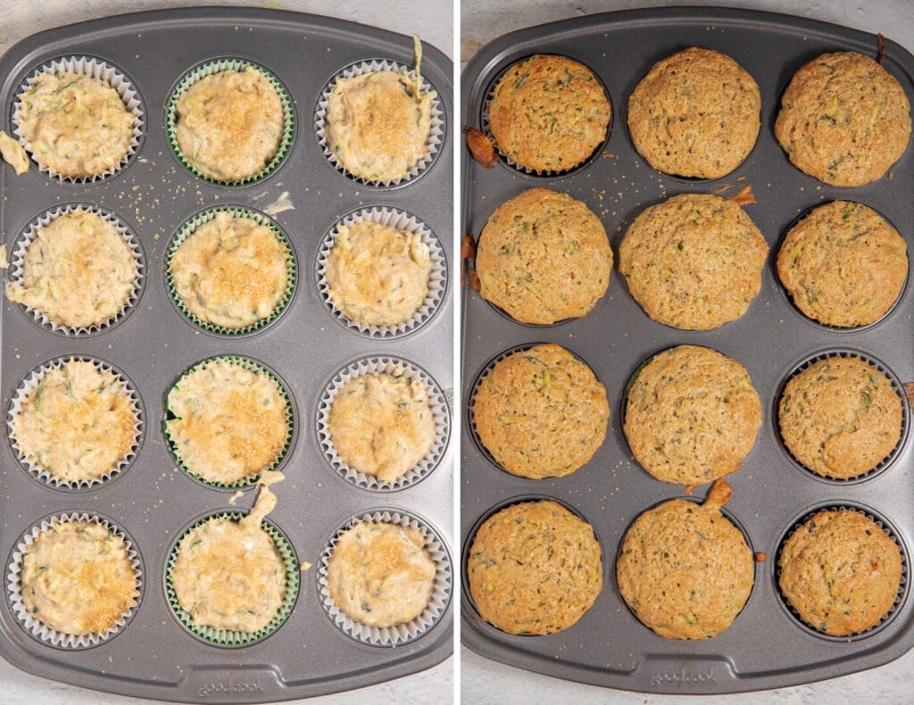 The muffin batter in the tins before and after baking