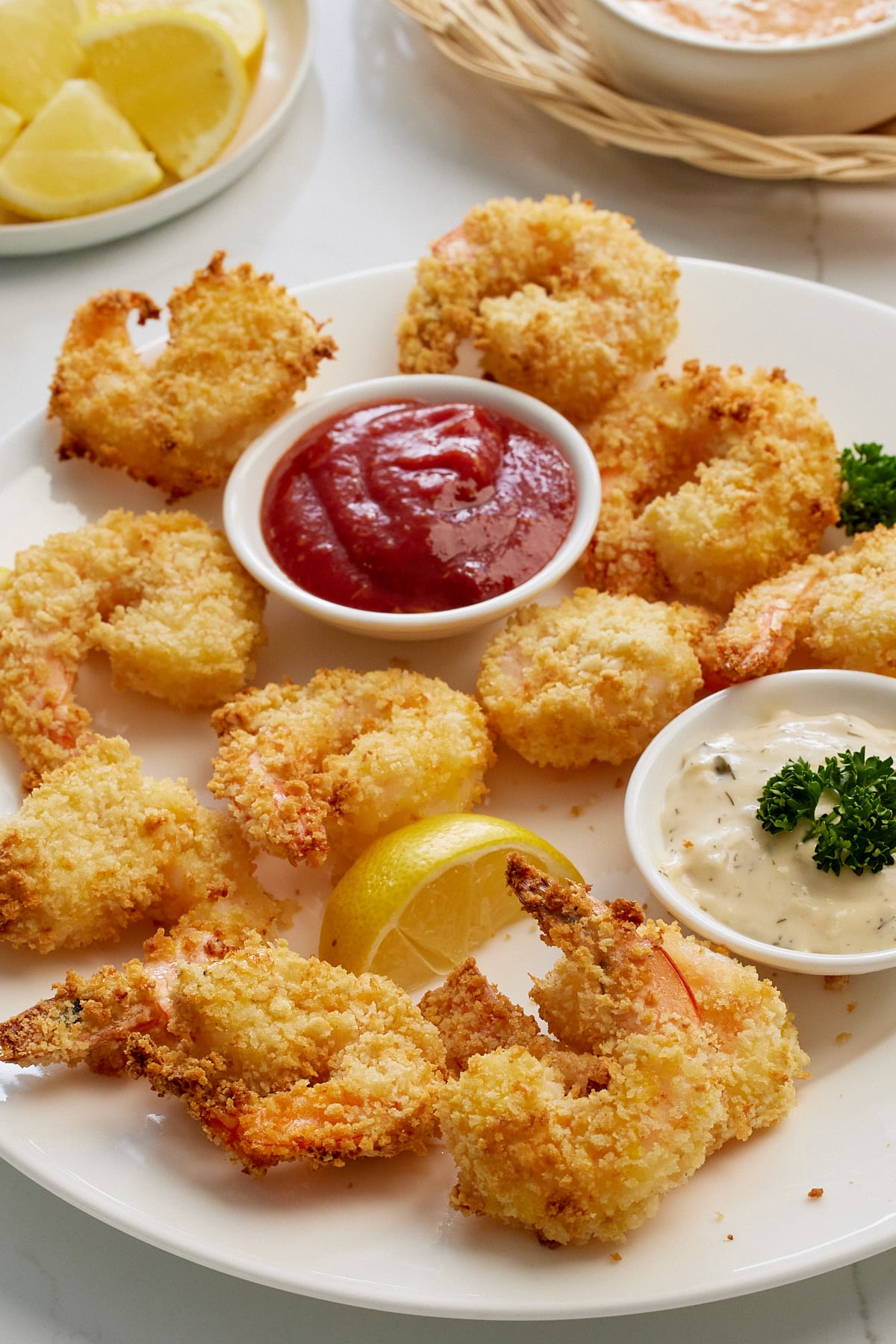 Air fryer shrimp on a white plate