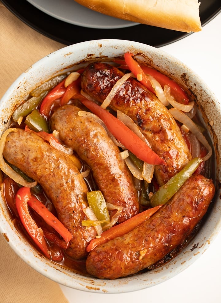 Air fried sausages and vegetables in a bowl ready to serve