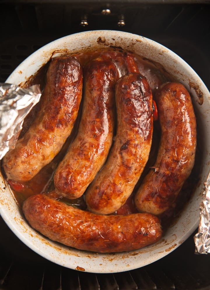 The sausages after being cooked in the air fryer