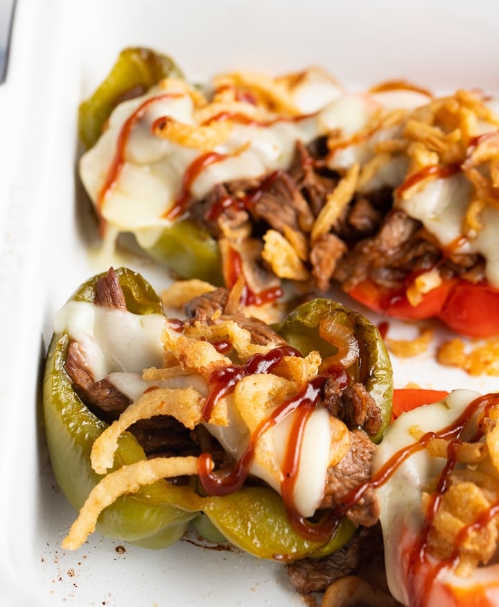 Close up of the cheesesteak stuffed peppers