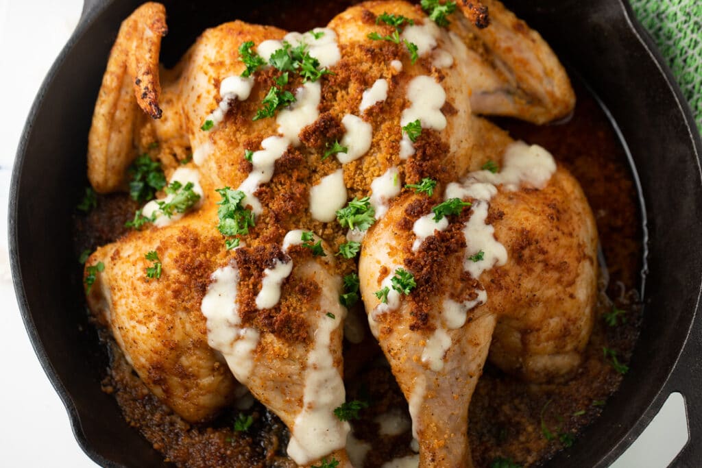 spatchock chicken in cast iron skillet