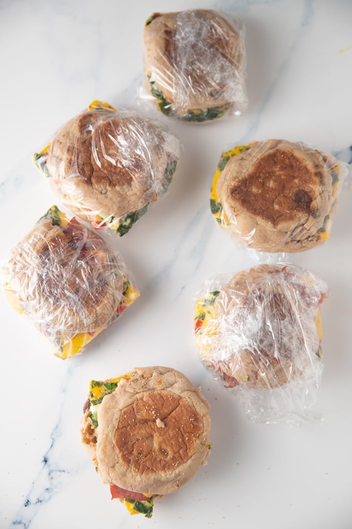 breakfast sandwiches wrapped on marble