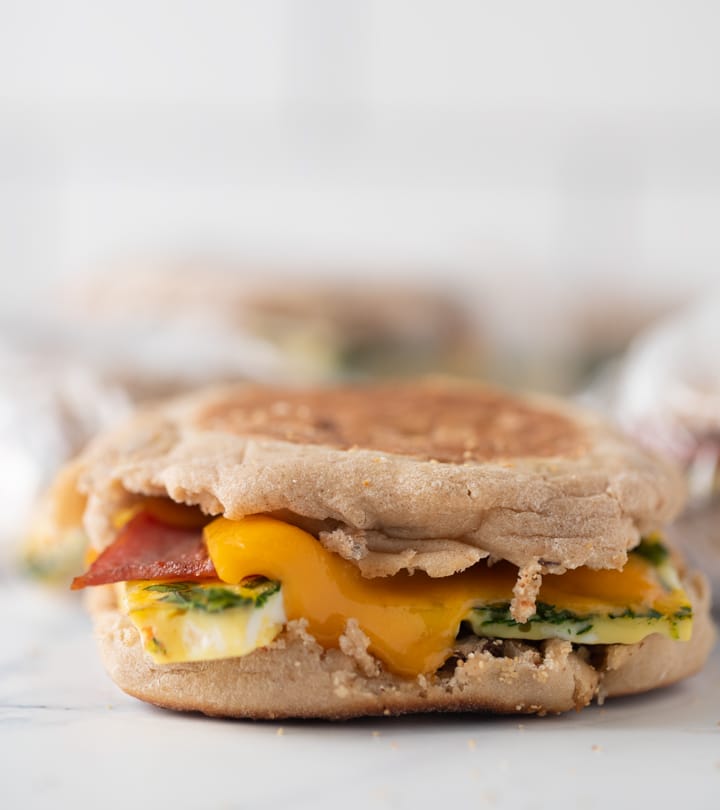 close up of cheesy breakfast sandwich