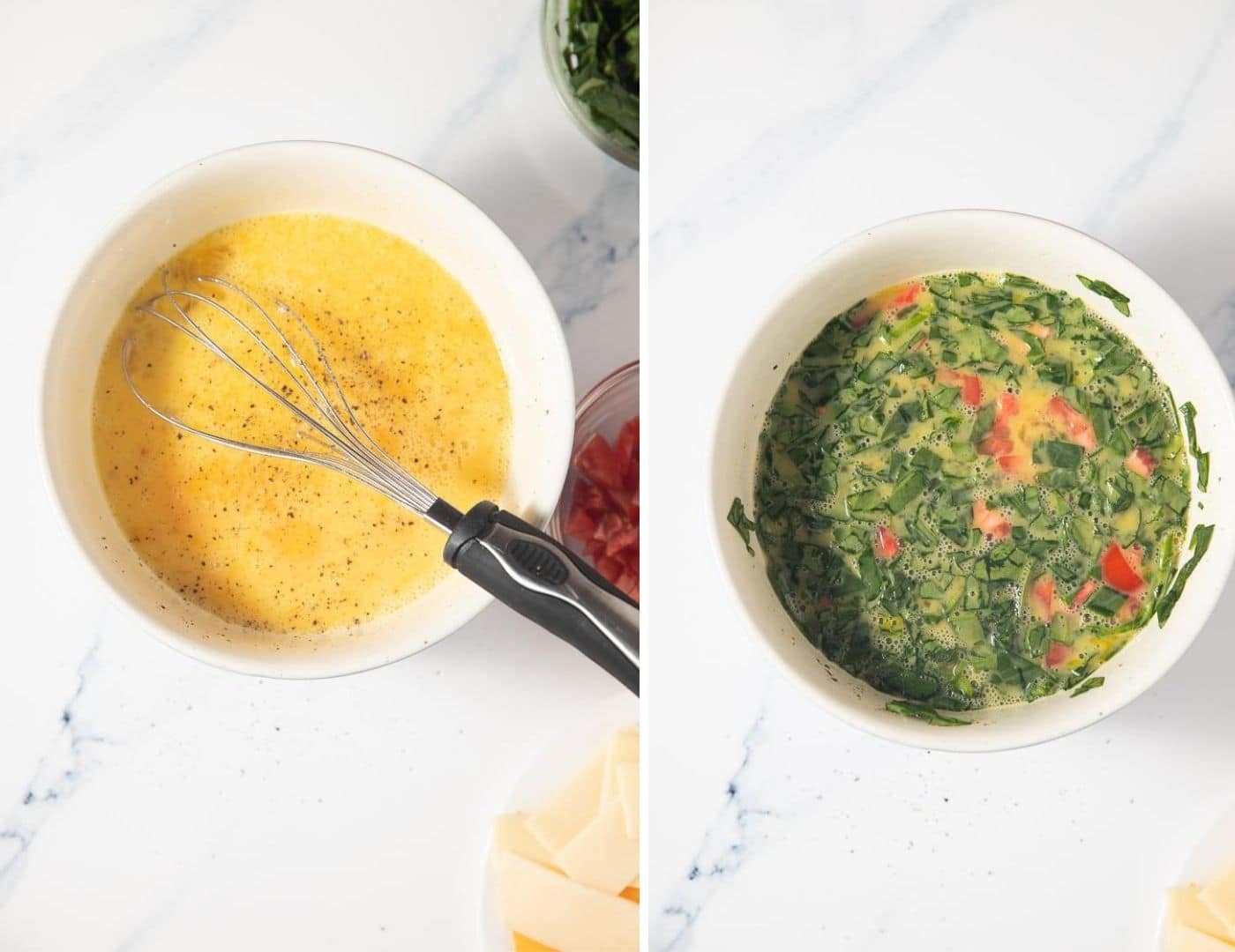 collage of beaten eggs and spinach and tomato in white bowl