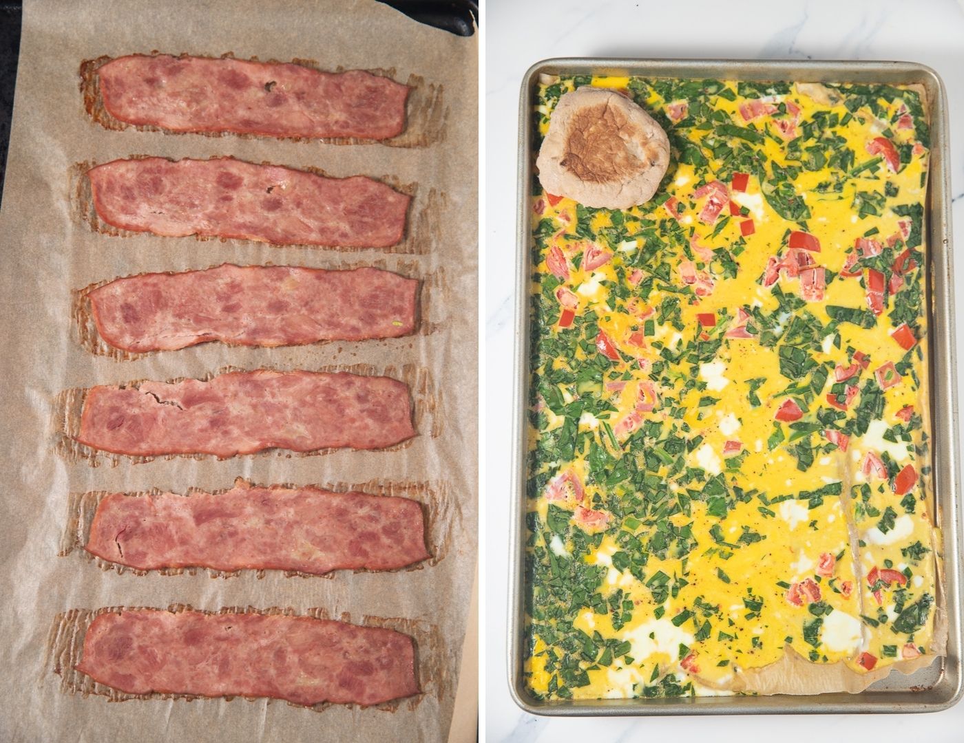 collage of cooked turkey bacon and baked eggs with an english muffon on top of eggs