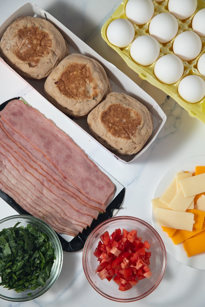 ingredients for sandwiches on marble countertop