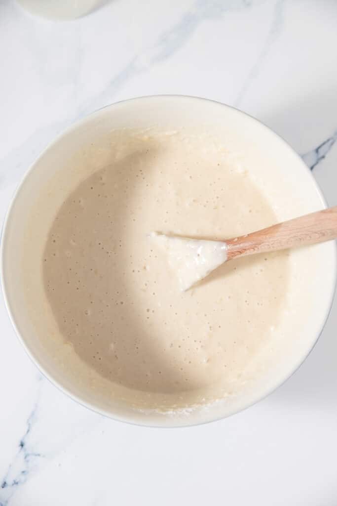 The pancake batter mixed in a large bowl