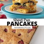 Pinterst graphic. Sheet pan pancakes with text