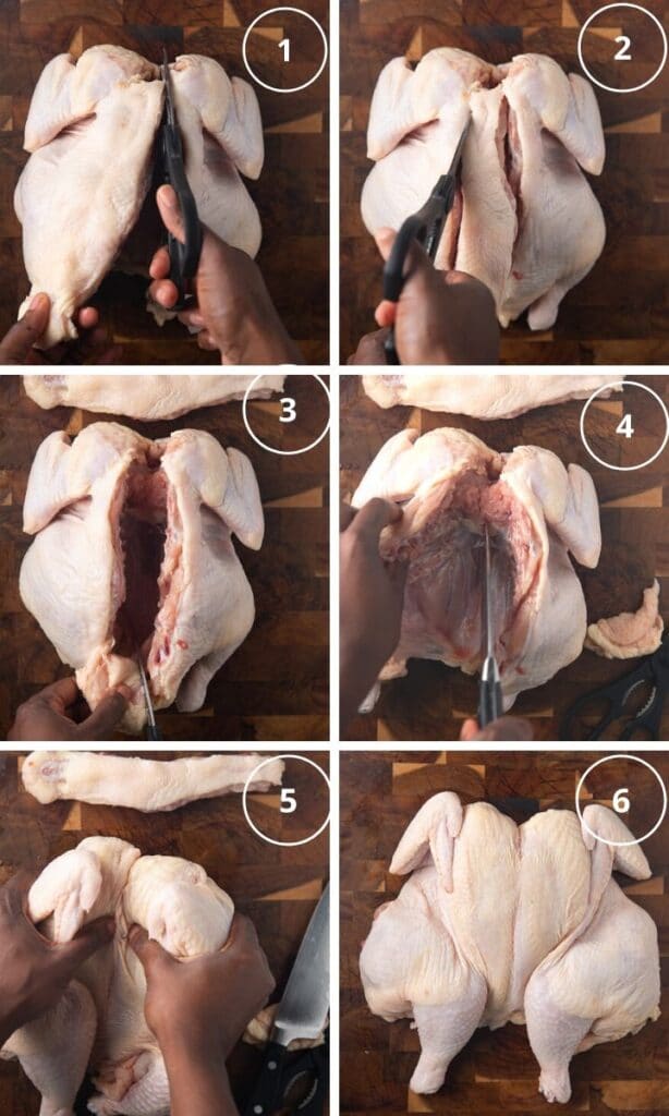 step by step of chicken being cut and spatchcocked