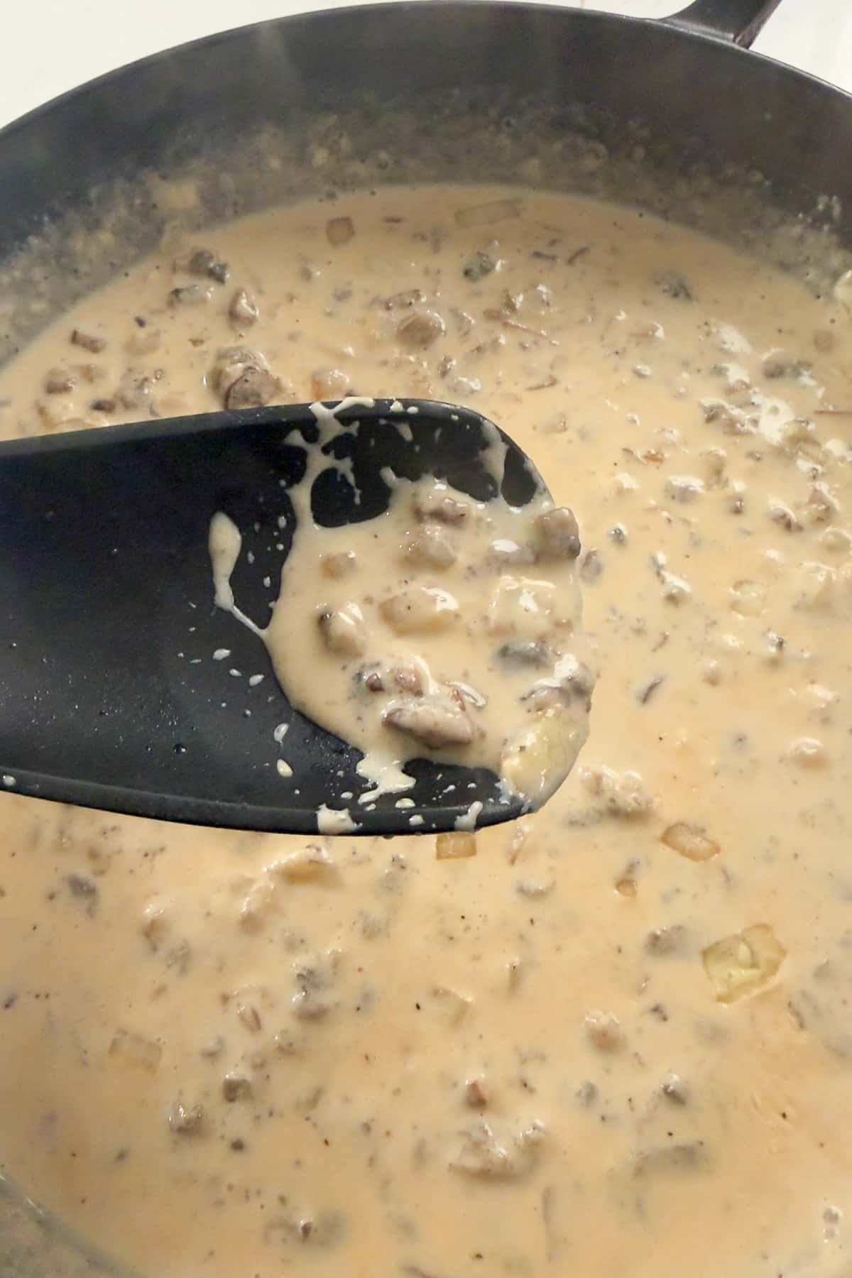 thickened creamy mushroom sauce and skillet on spoon