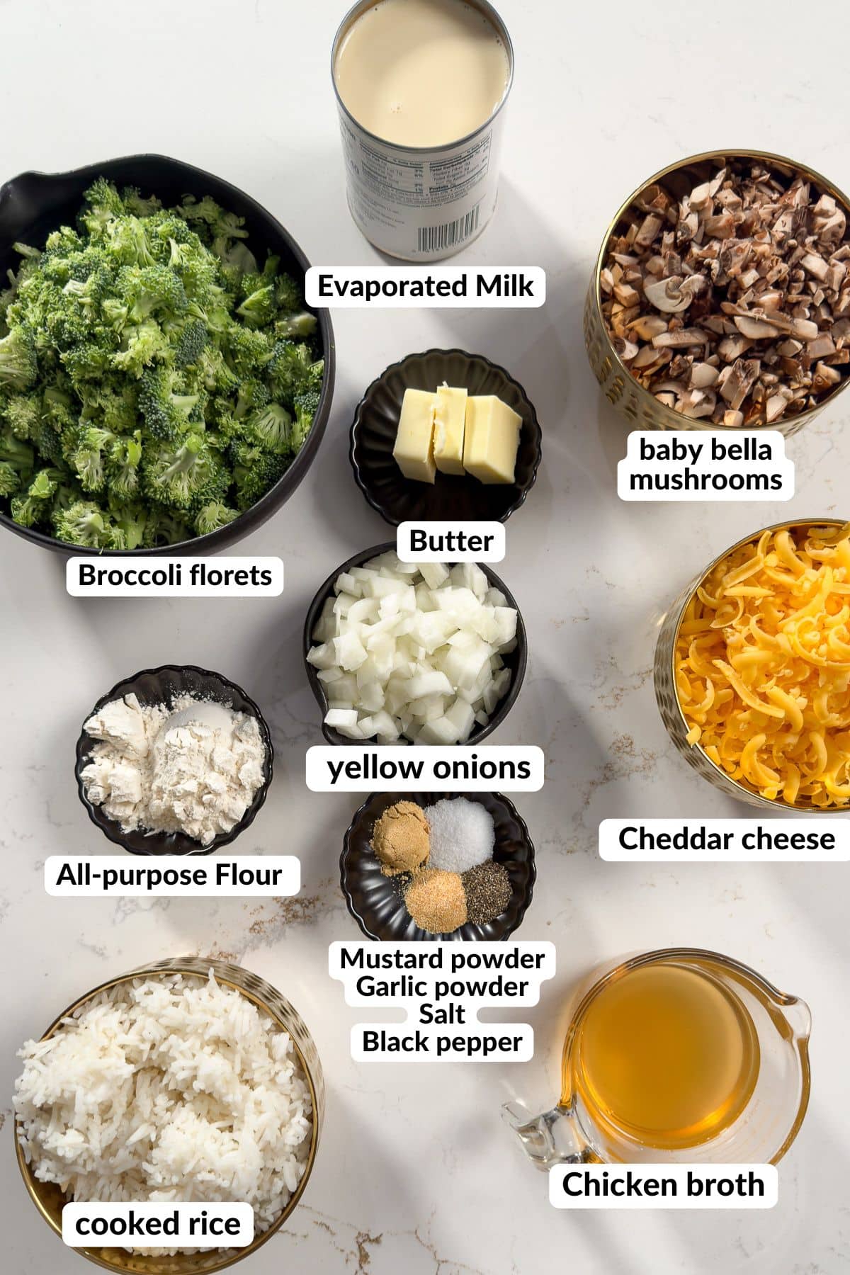 ingredients for broccoli rice casserole on counter