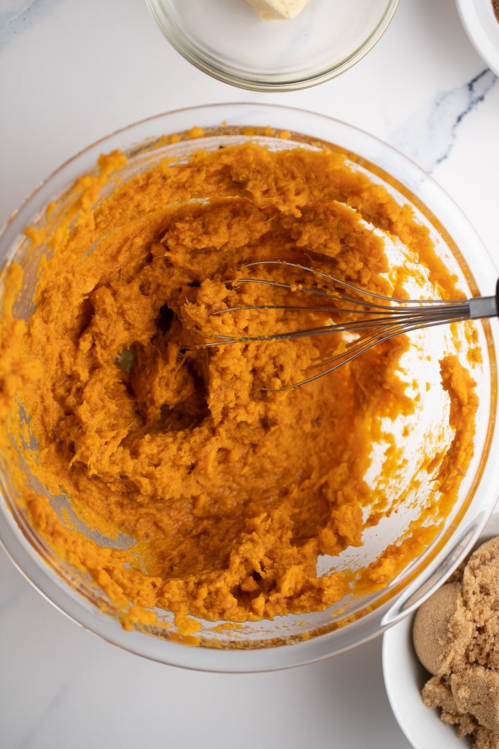 The mashed sweet potatoes in a bowl