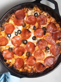 Overhead shot of the cooked dish in a skillet.