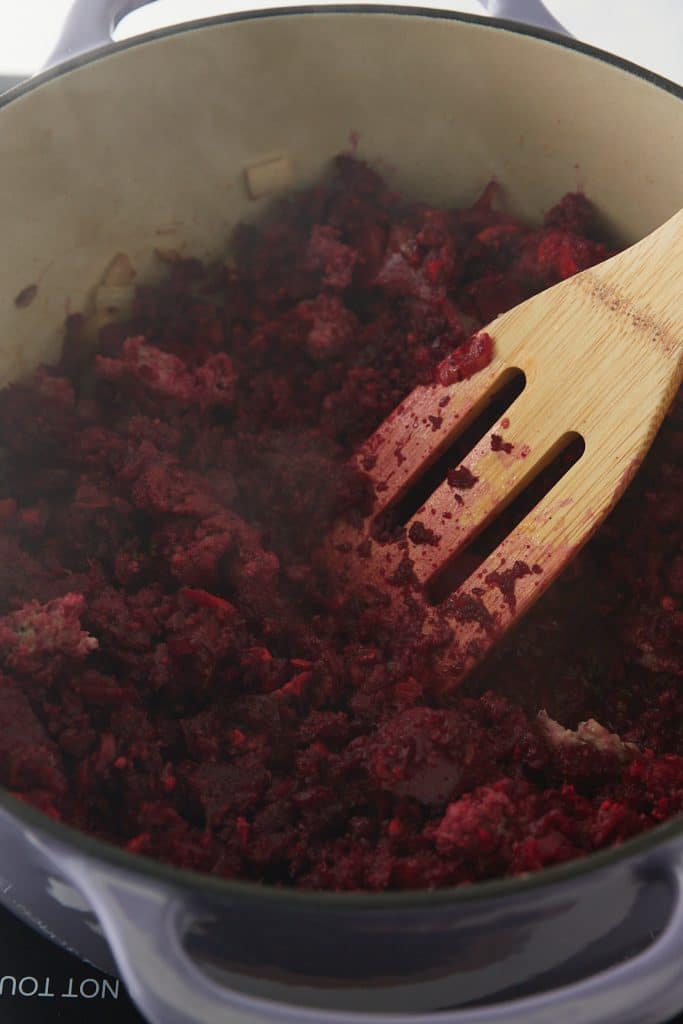 Ground beets aded to the pot.