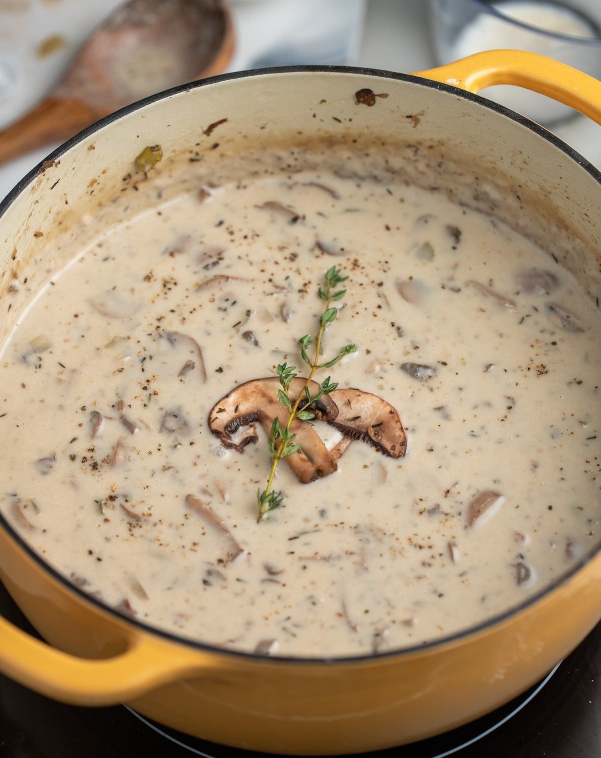 Cream of mushroom soup in a dutch oven.