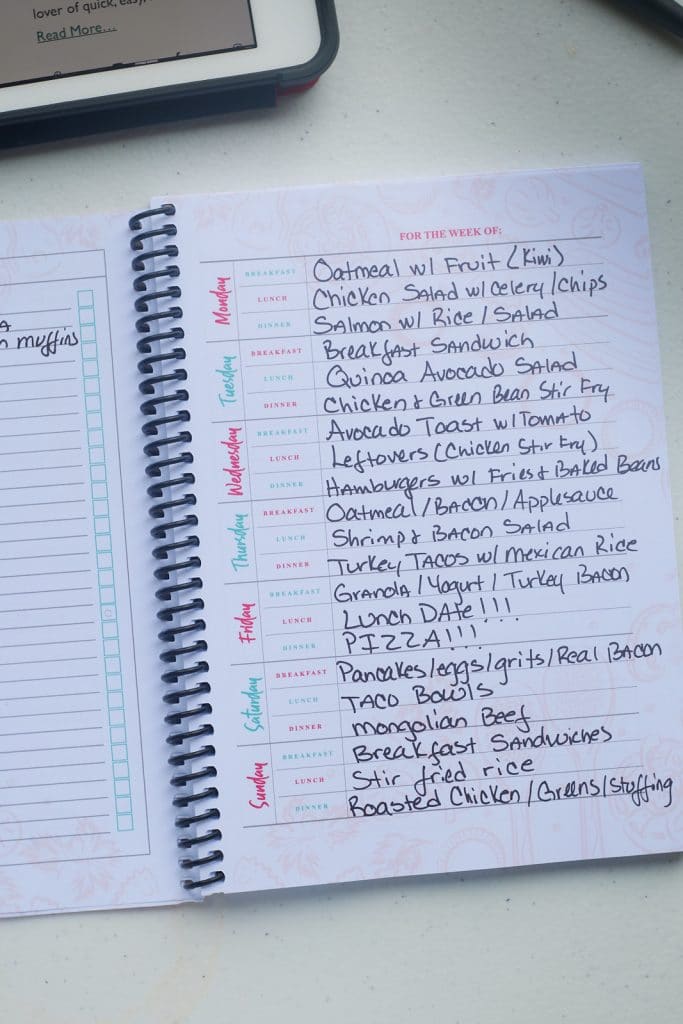 weekly meal planner with recipes written on it