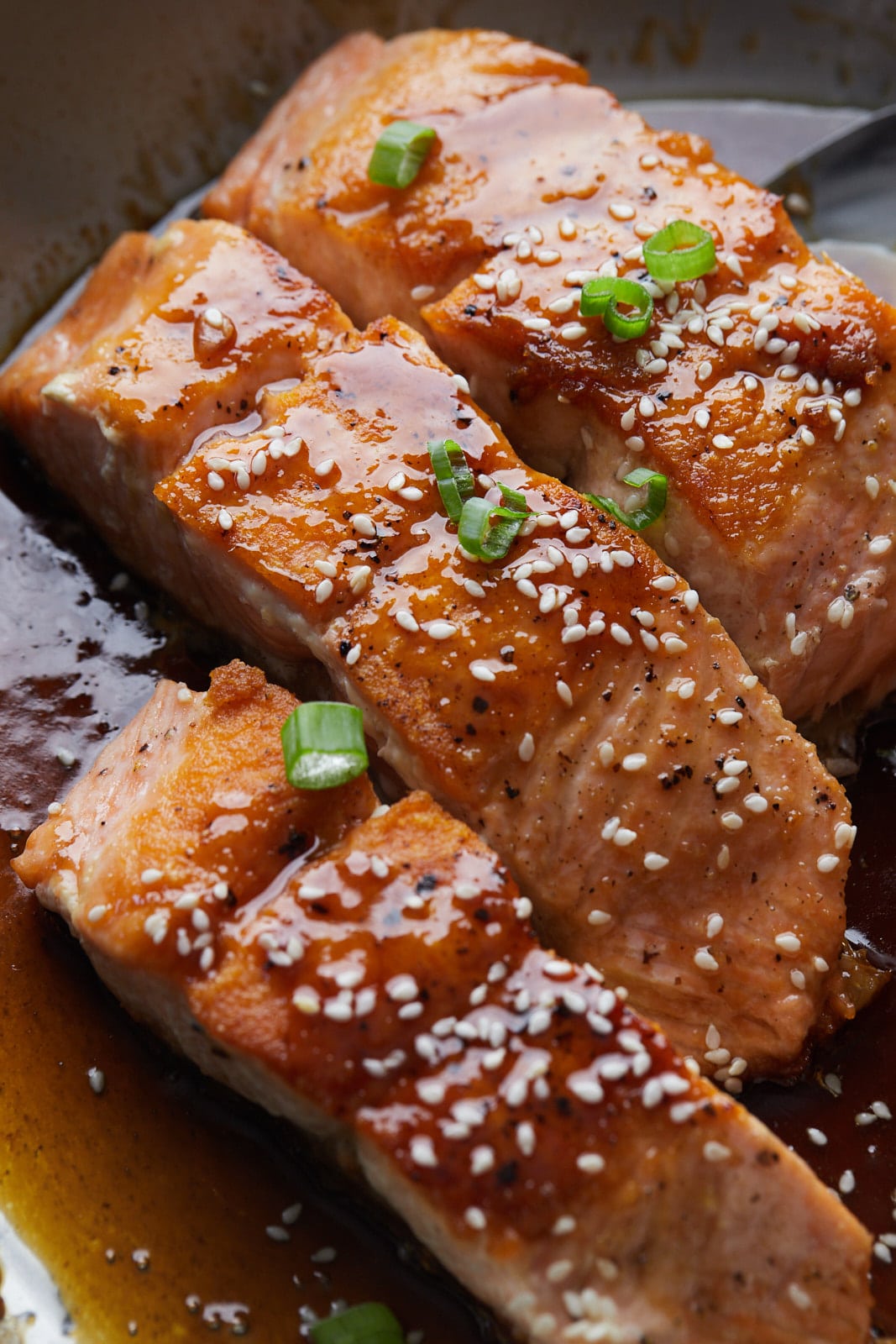 The cooked salmon garnished with green onion slices.