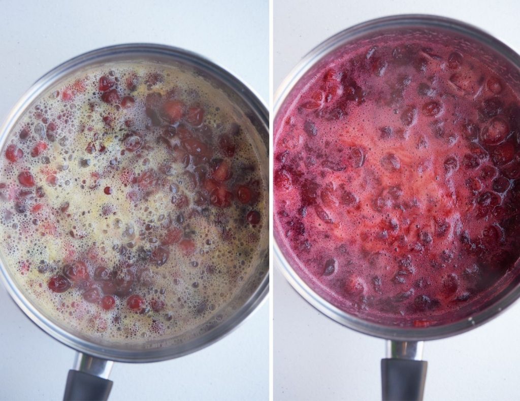 Two photos to show the cranberries cooking down in a pot.