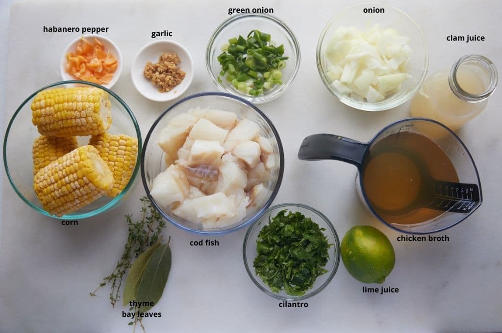 The ingredients to make the soup on a kitchen worktop.