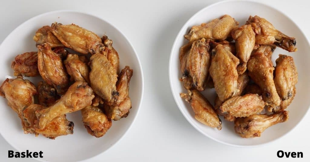 2 white plates with cooked chicken wings, text that says basket on left, text that says oven on right.