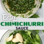 Pinterest graphic. Chimichurri sauce with text.