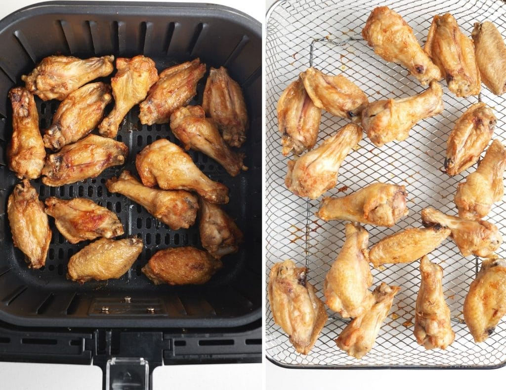 cooked chicken wings in air freyr basket on left, cooked chicken wings in air fryer oven tray on right