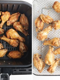 side by side of chicken wings in basket and air fryer tray