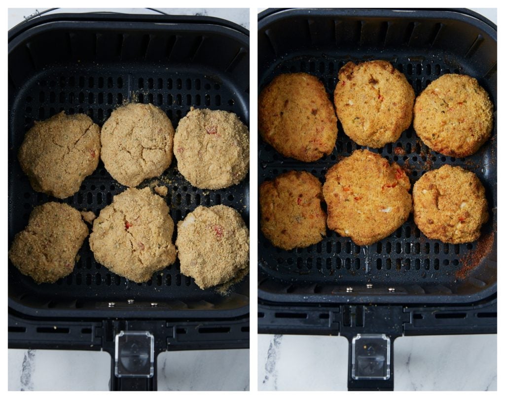 The salmon patties in the air fryer before and after cooking.