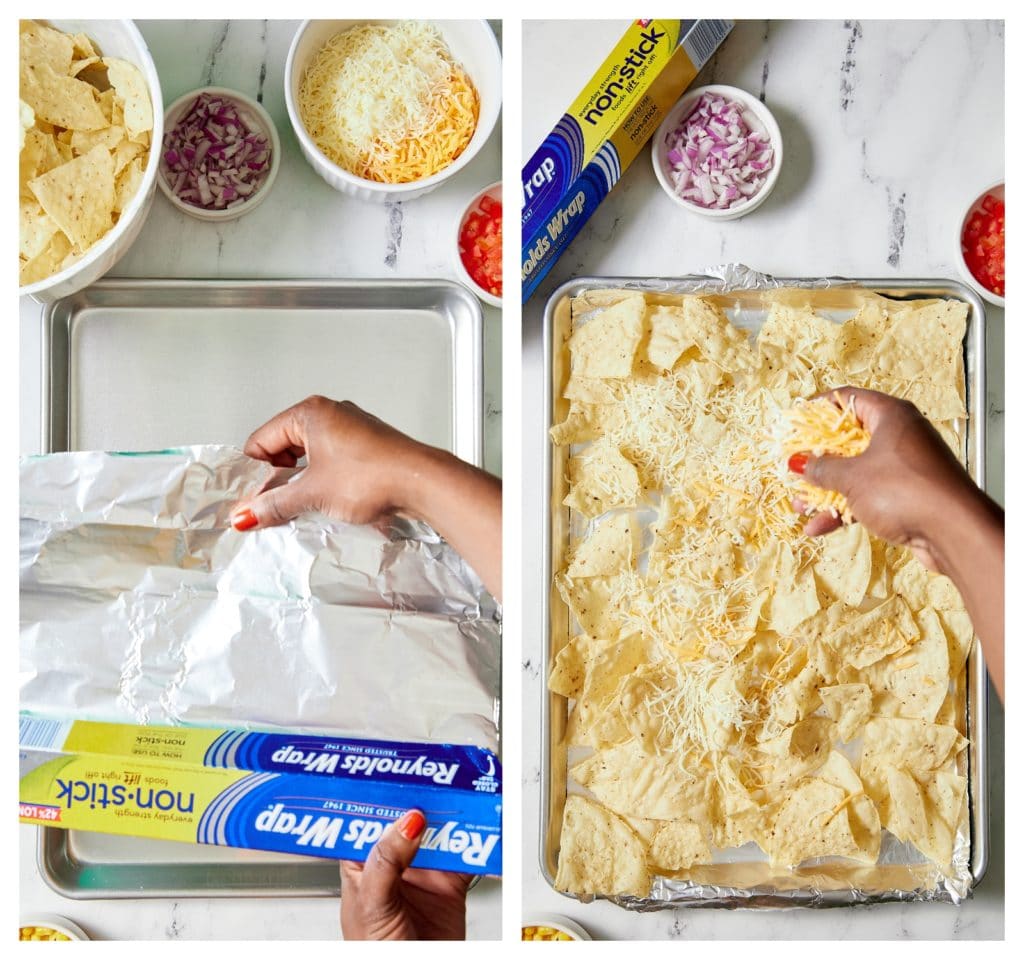 collage of hand laying down foil and then chips and cheese being placed on it