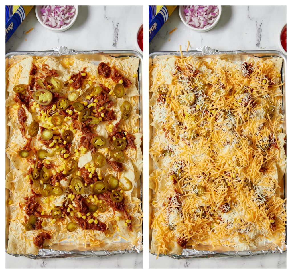 collage of nacho ingredients on sheet pan with foil