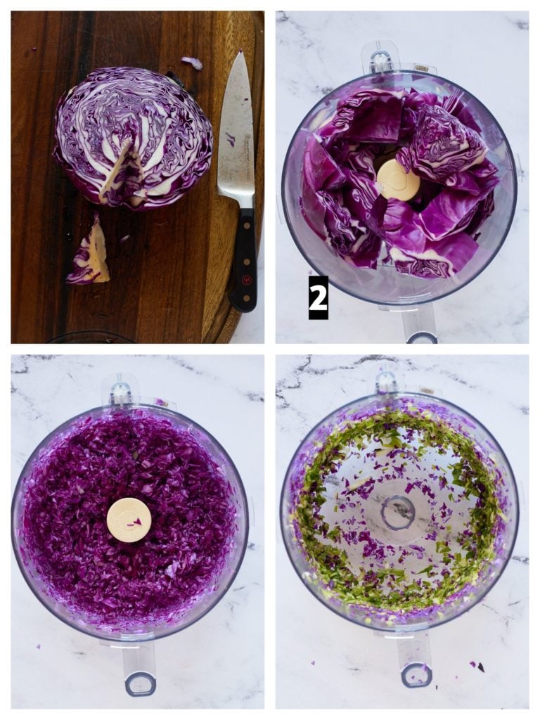 Four step by step photos to show how to shred the cabbage.