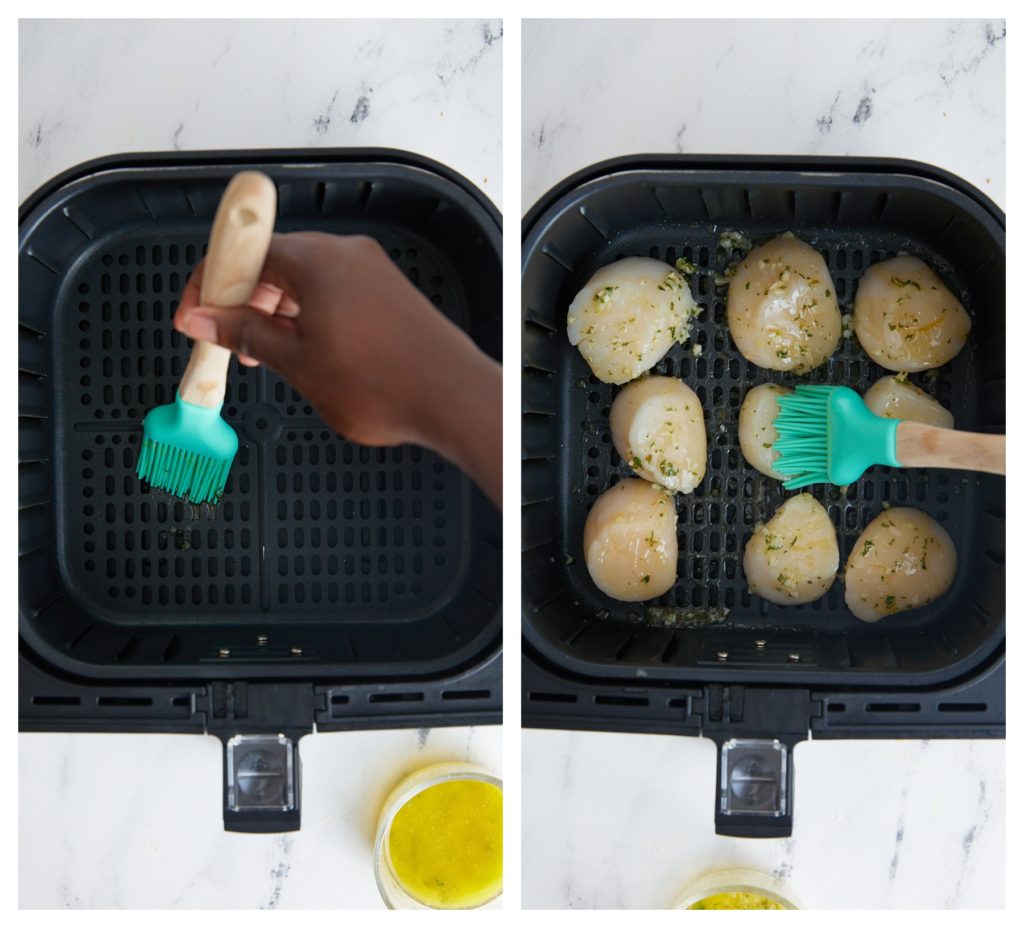 Brushing the air fryer basket and scallops with butter.