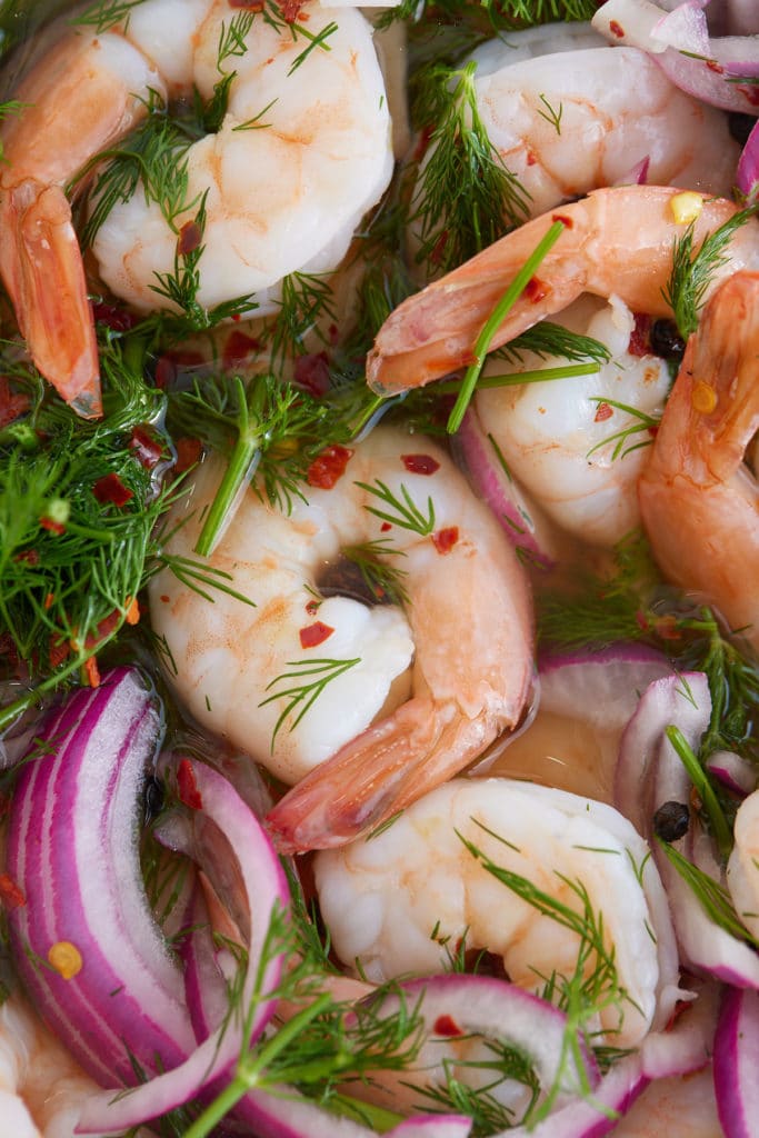 Close up of the pickled shrimp ready to serve.