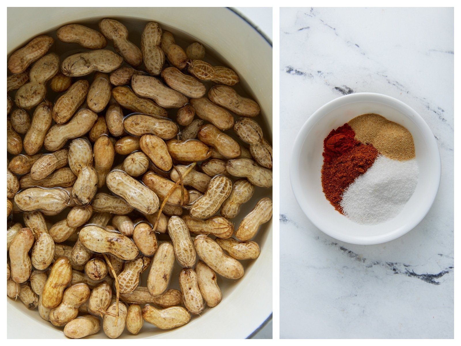 The rinsed peanuts and seasonings in a pot with cajun spices on the side.