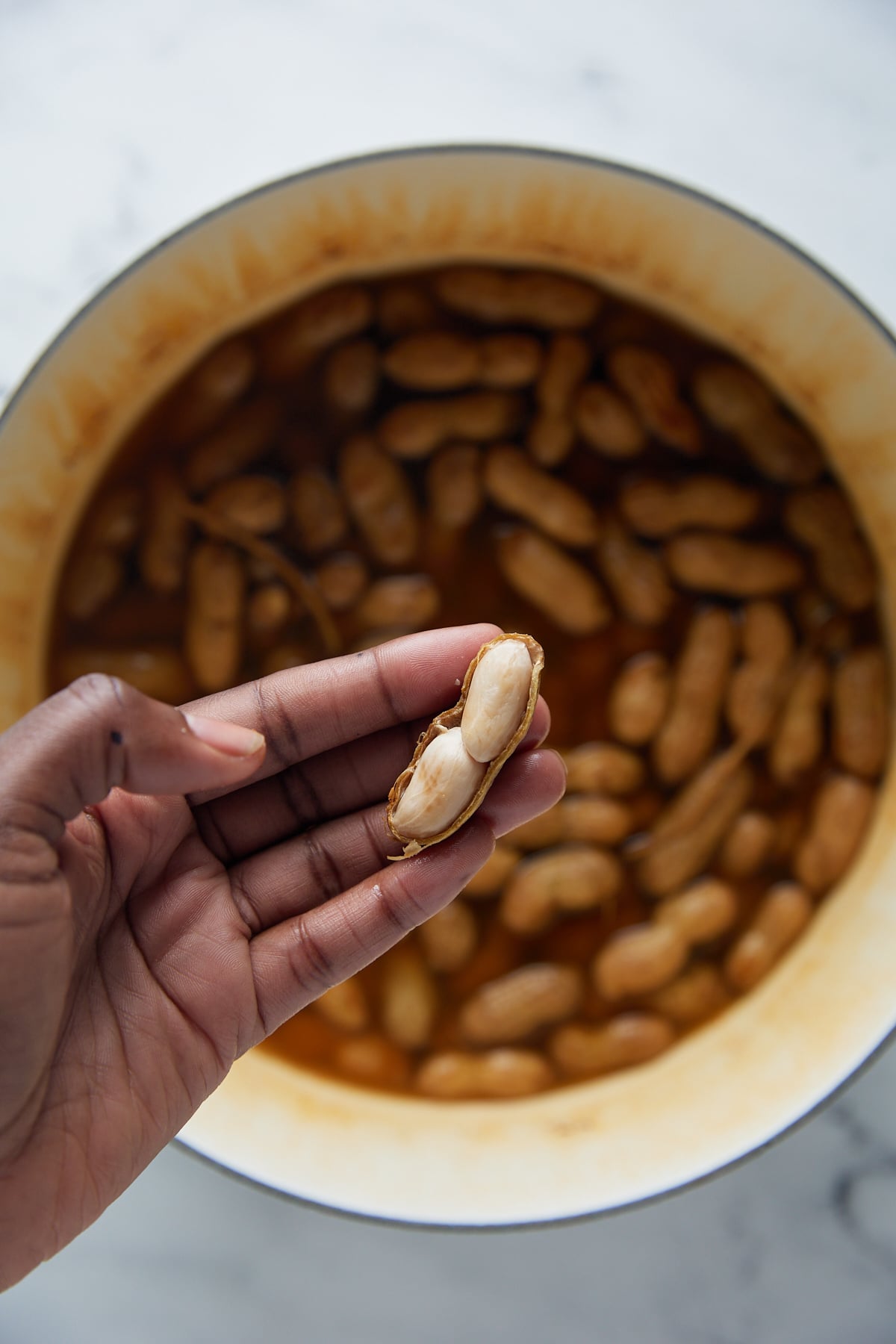 A hand holding a boiled peanut.