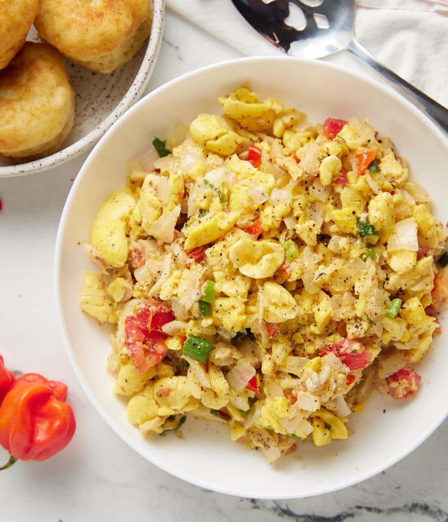 ackee and saltfish in white plate