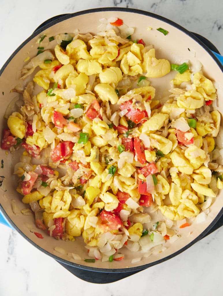 finished ackee and saltfish in skillet
