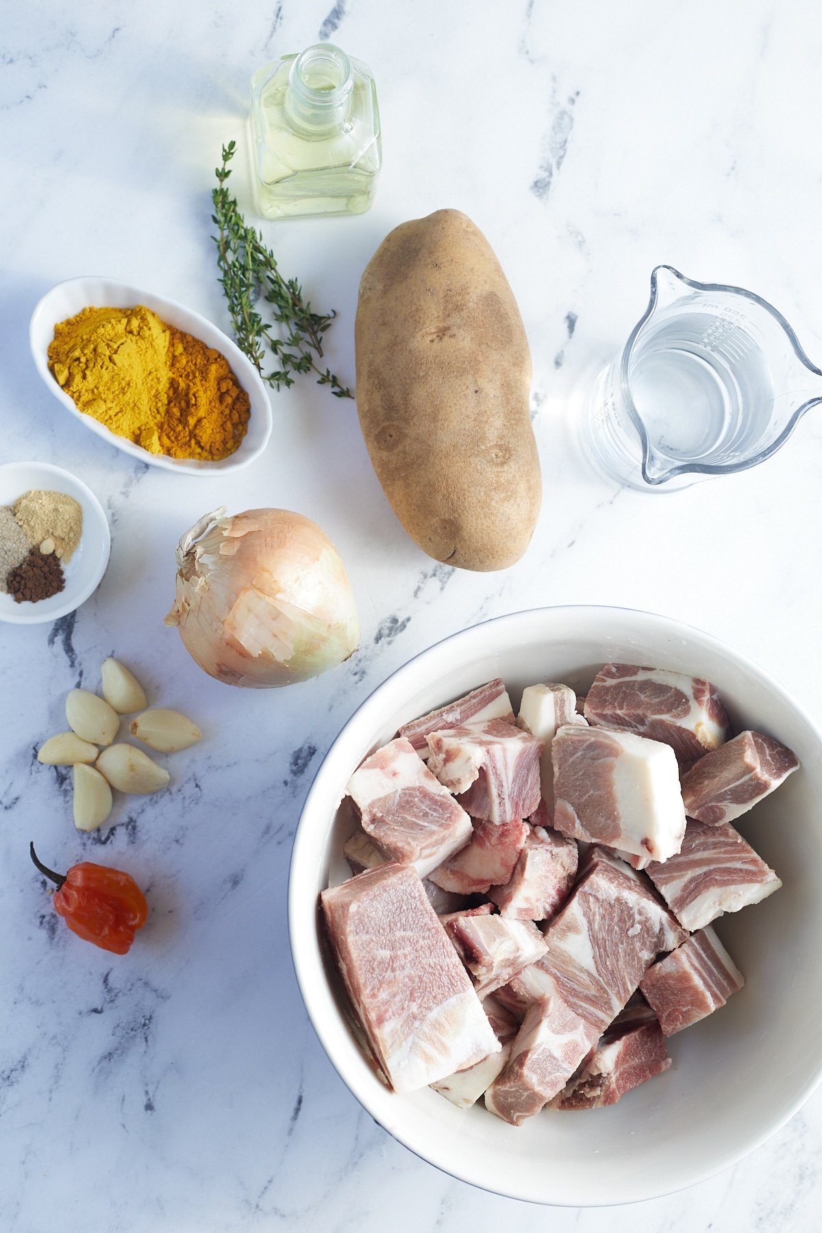 ingredients of Jamaican curry goat on white background